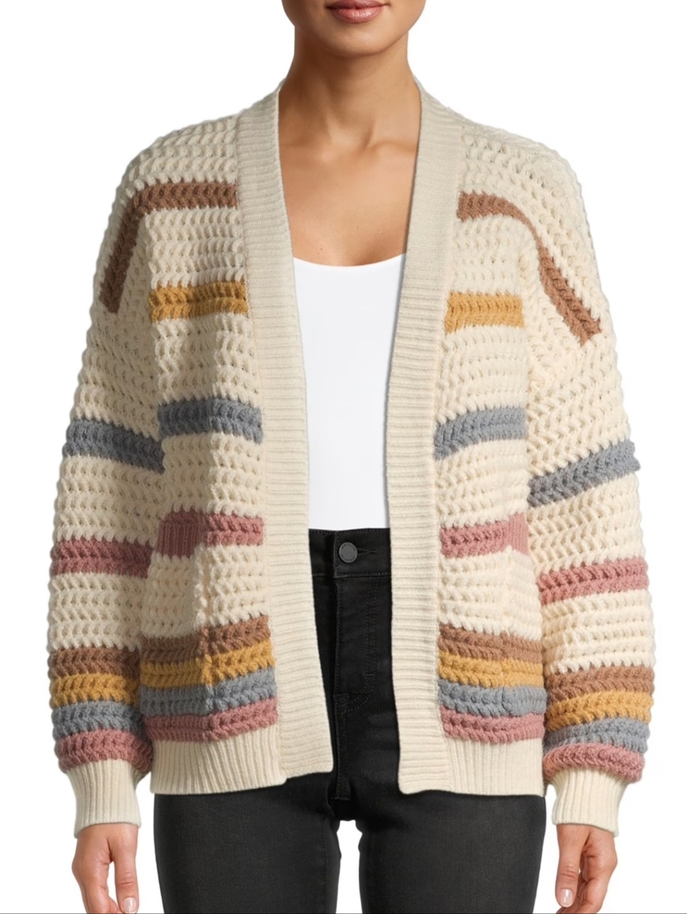 Dreamers Cream Open-Front Cardigan with Mustard, Rose & Gray Stripes